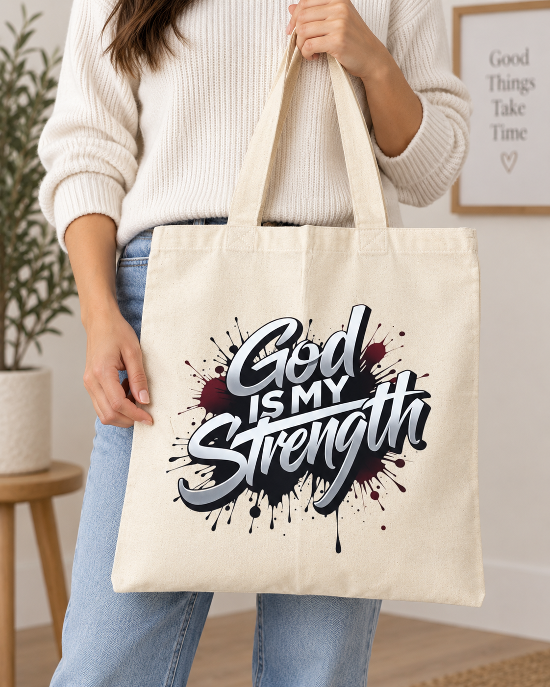 God is my strength canvas tote bag